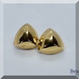 J041. 14K yellow gold triangle shaped stud earrings. Dented and missing backs. - $85 